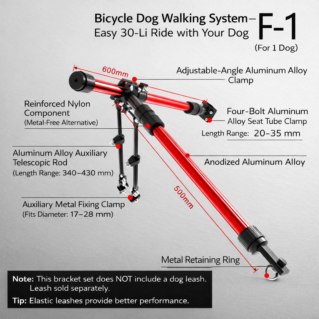 F-1 Bicycle Dog Walking System – Adjustable Aluminum Bike Leash Attachment for 1 Dog