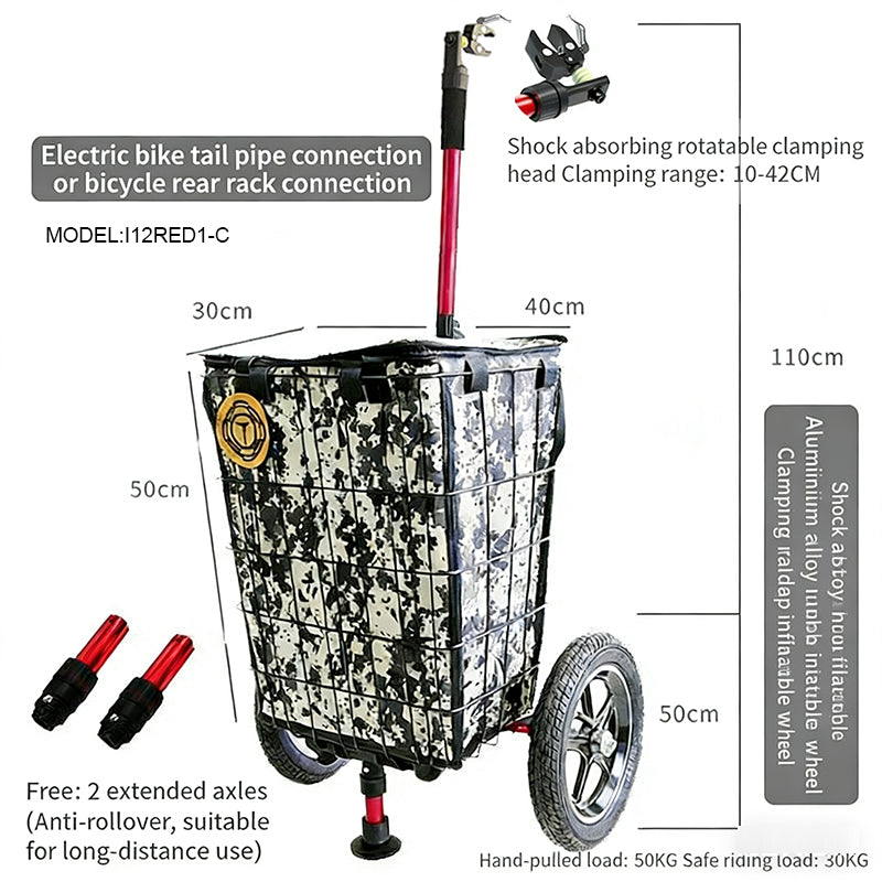 i12-RED1-C   2-in-1 Bike Trailer and Hand-Pulled Cart with Quick-Release Clamp – Fits Electric Bikes & Rear Racks