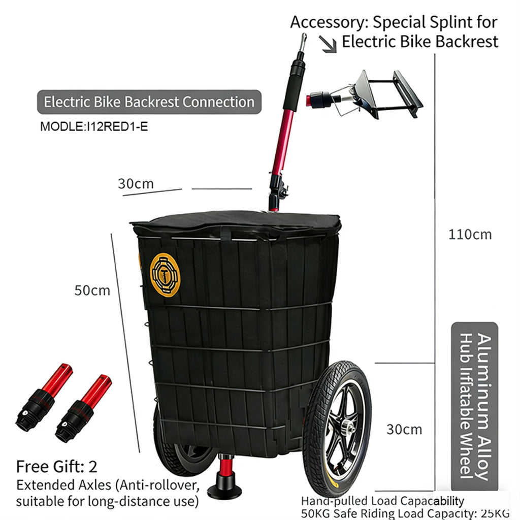 i12-RED1-E Electric Bike Cargo Trailer with Backrest Connector –  Single-Pole, 2-in-1 Trailer & Hand Cart, Insulated Bag