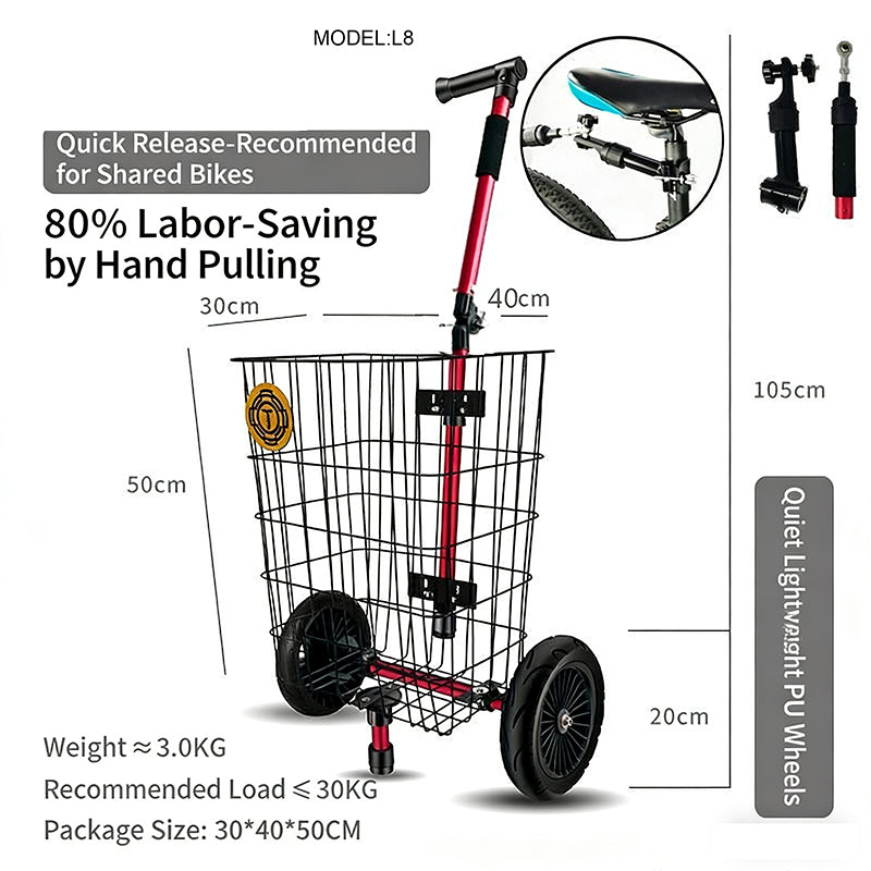 L8 Dual-Purpose Bike Trailer & Handcart – Foldable Aluminum Trailer with High-Carbon Steel Basket, Red