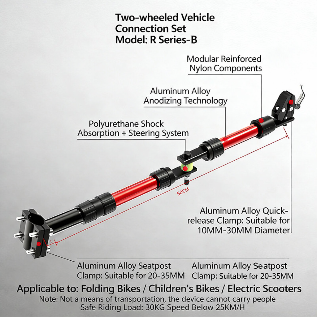 R Series-R-B Bike Connector - Bike Seatpost to Camping/Hand-Pulled Cart Handle, 4-Point Screw Fixation for Extra Stability, Superior Shock Absorption & Smooth Steering, Highly Portable