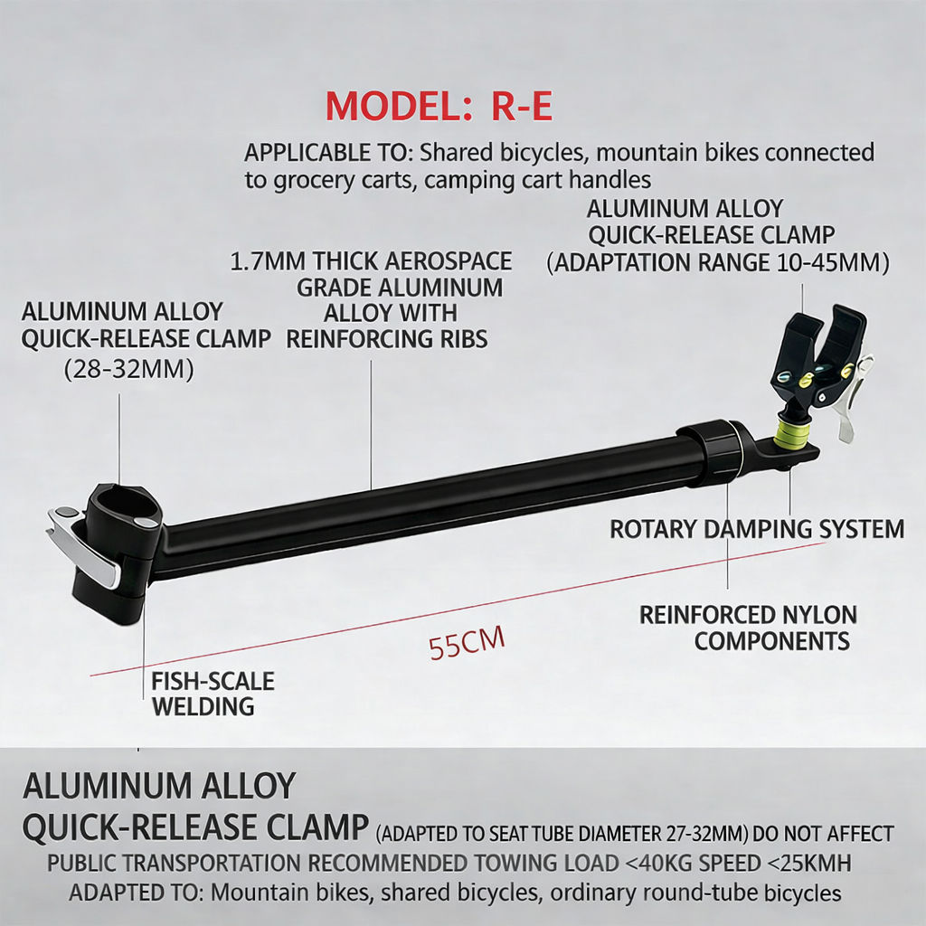 R-E Quick-Install/Detach Connector - Mountain Bike to Camping/Grocery Hand-Pulled Cart Handle
