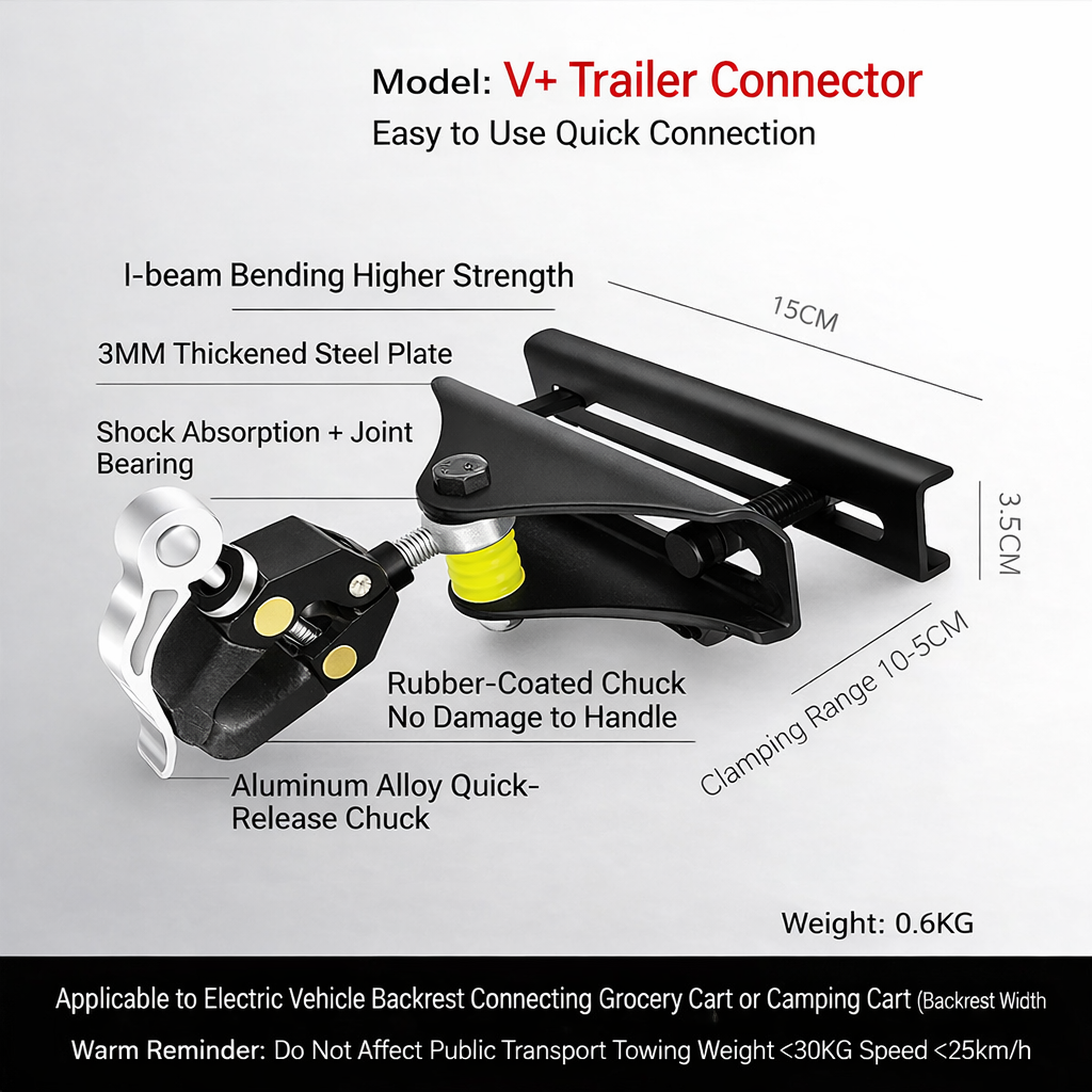 V+ Electric Vehicle Rear Backrest to Handlebar Connector - Quick Detachable, Sturdy & Durable with Steering & Shock Absorption