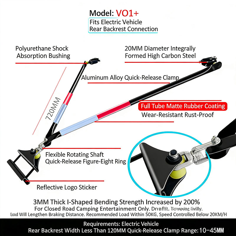 VO1+ Electric Vehicle Rear Backrest Connector - Rubber-Coated Tube with Stainless Steel Universal Figure-Eight Ring, Hand-Pulled Camping Trailer Adapter