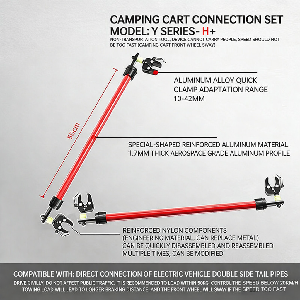 Y-H+ Dual-Side Towing Link - Connects 2 Camping Hand Carts (10-42MM, Quick-Release, 120LBS)