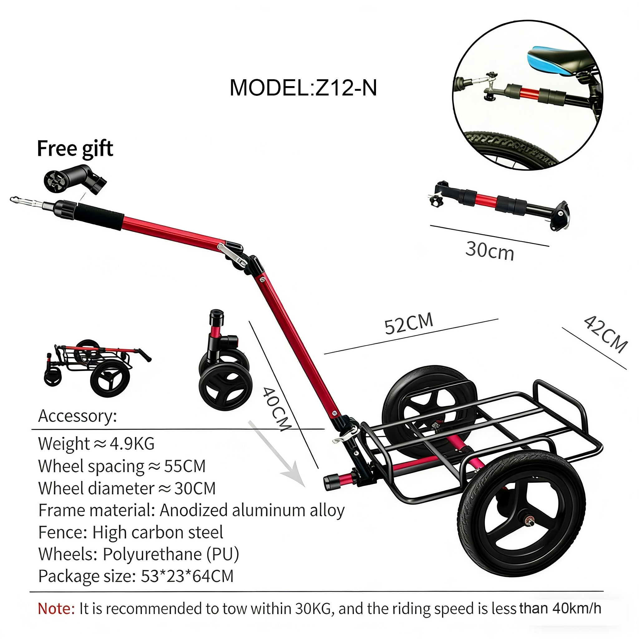 Z-12N Z12-N Foldable Aluminum Bike Cargo Trailer with Quick-Release Hitch – Lightweight PU Wheels