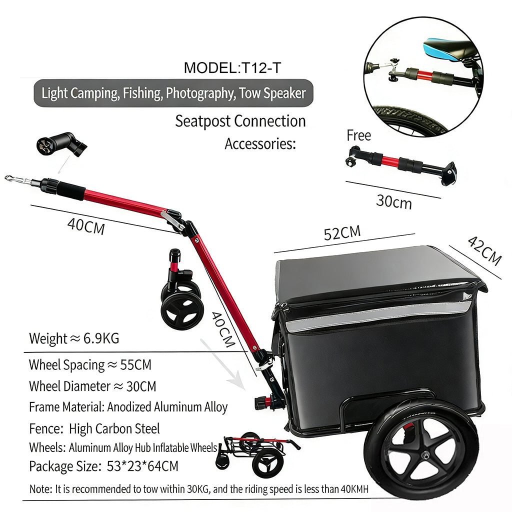 Z12-T 2-in-1 Bicycle Cargo Trailer with Removable Insulated Cooler – Foldable Hand Cart & Seatpost Quick-Release Hitch