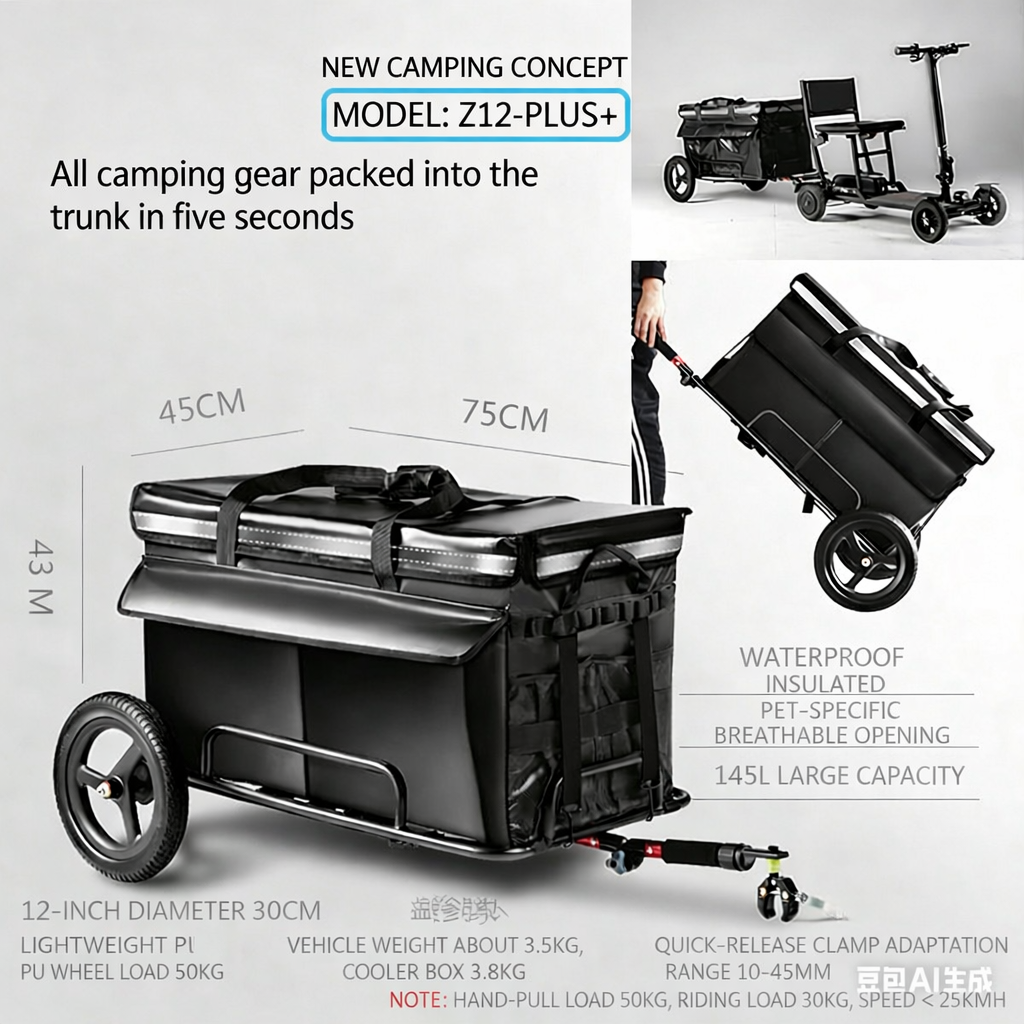 2-in-1 Z12-PLUS+ Bicycle Trailer & Hand Cart – 145L Large Capacity, Insulated Waterproof Storage, Quick-Release Hitch