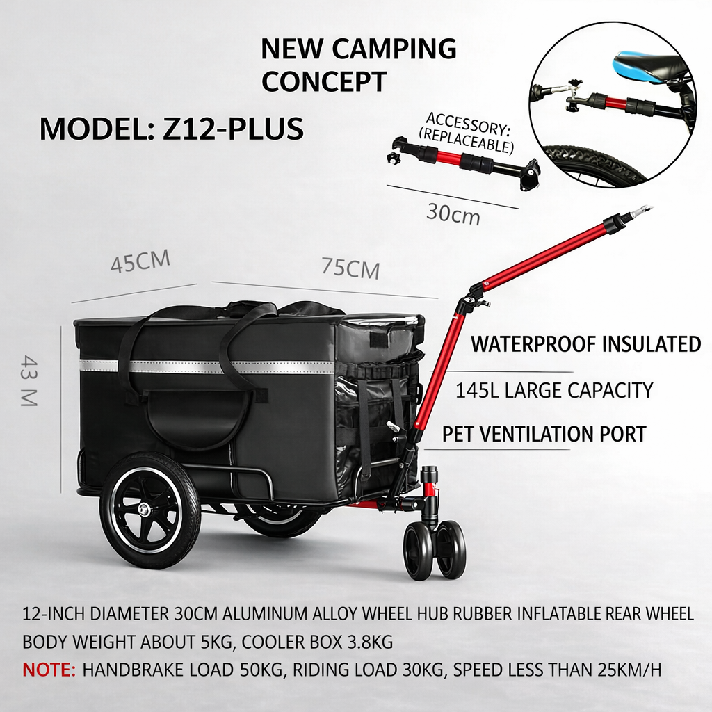 Z-12PLUS 2-in-1 Bicycle Trailer & Hand Cart with 145L Insulated Cooler | Pet & Cargo Carrier | Quick-Release Hitch | Waterproof & Lightweight