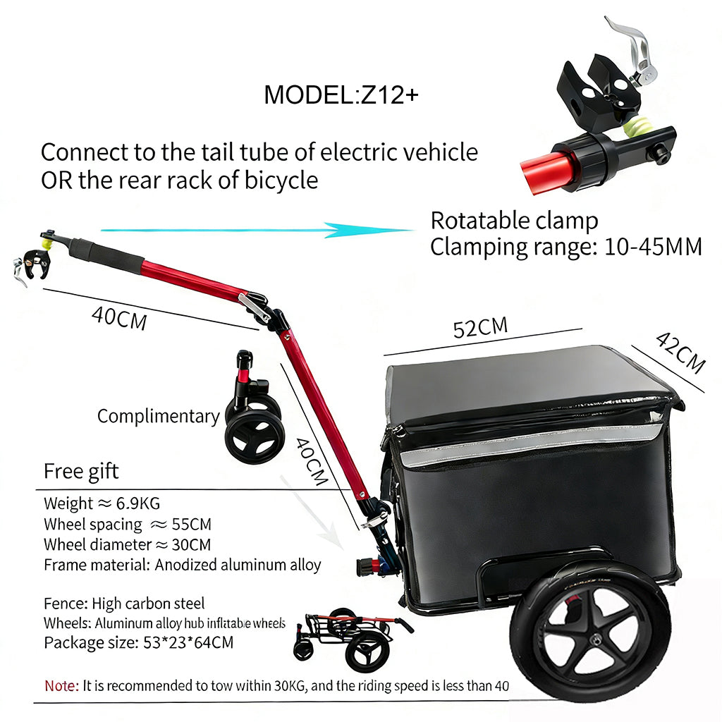Z12+ 2-in-1 Bike & E-Bike Cargo Trailer with Rotatable Clamp and Removable Insulated Cooler Box