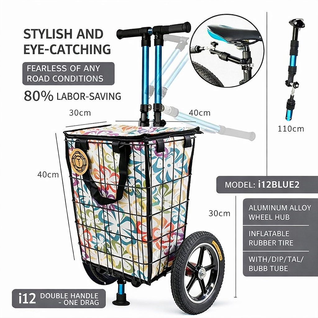 i12BLUE-2 2-in-1 Bike Trailer & Hand Cart –with Insulated Storage Bag, Aluminum Frame, 80% Labor-Saving Design