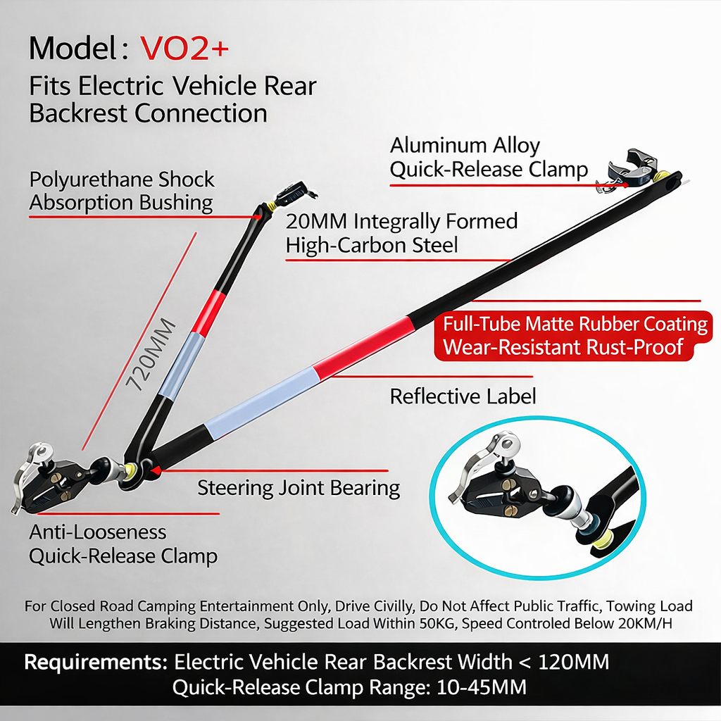 VO2+ Electric Vehicle Rear Backrest Connector - 3-Caliper Design with Rod End Bearings, Flexible Steering for Camping Trailers